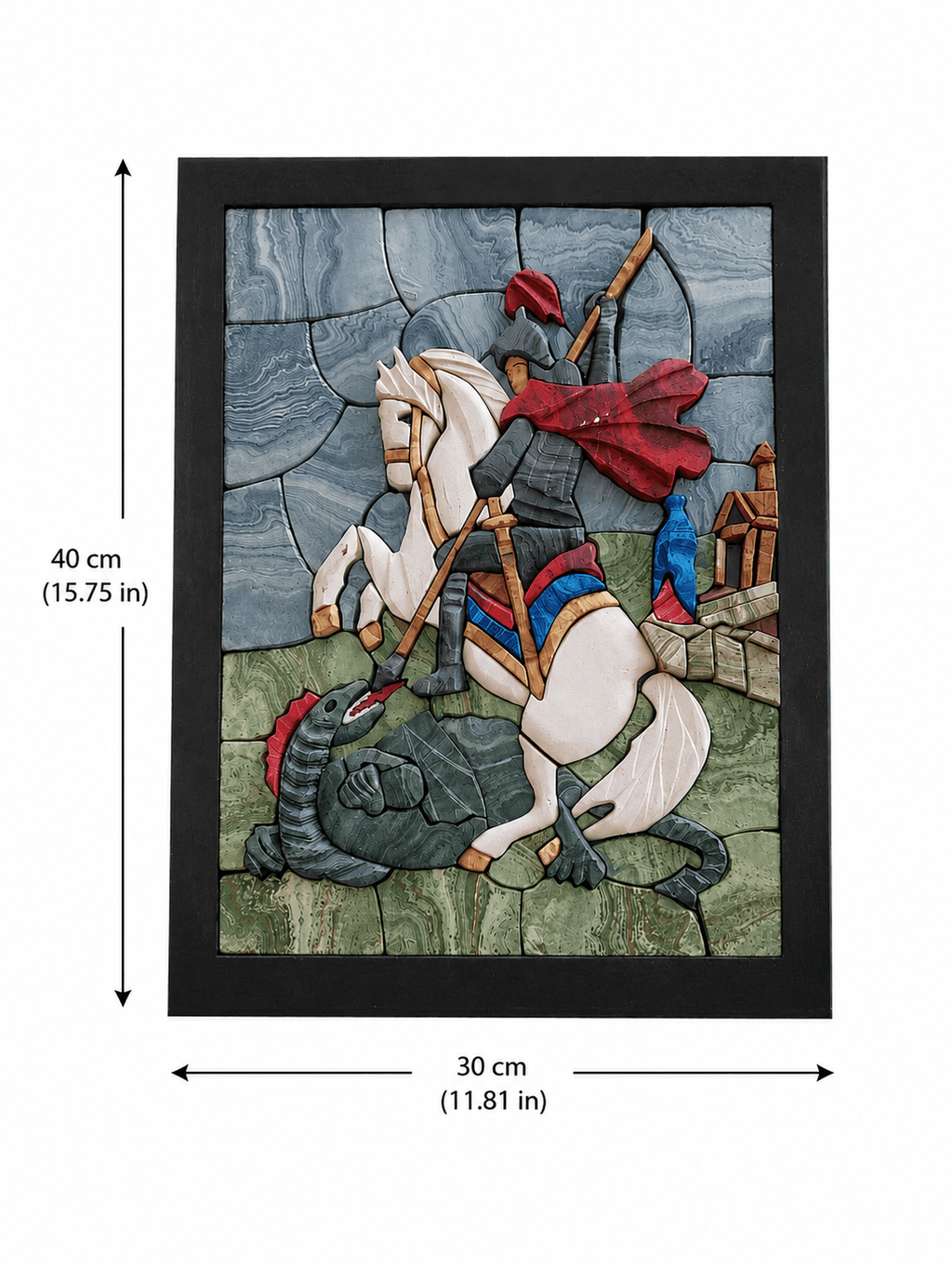 Knight and Dragon Mosaic Wall Art featuring a knight on a horse battling a dragon in vibrant 3D resin design.