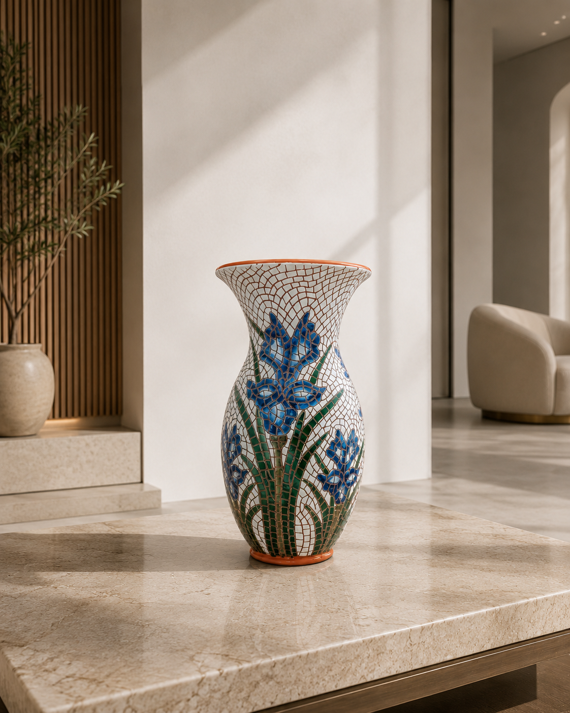 Handmade Blue Iris Mosaic Clay Vase