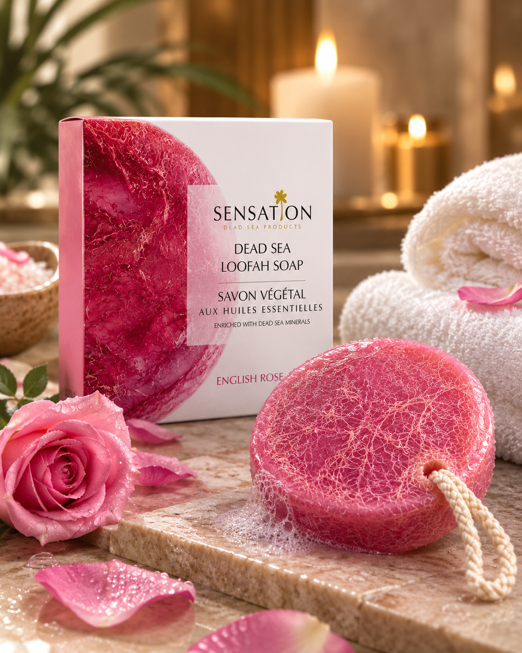 Natural loofah exfoliating soap in a spa setting with essential oils, surrounded by pink roses and towels.