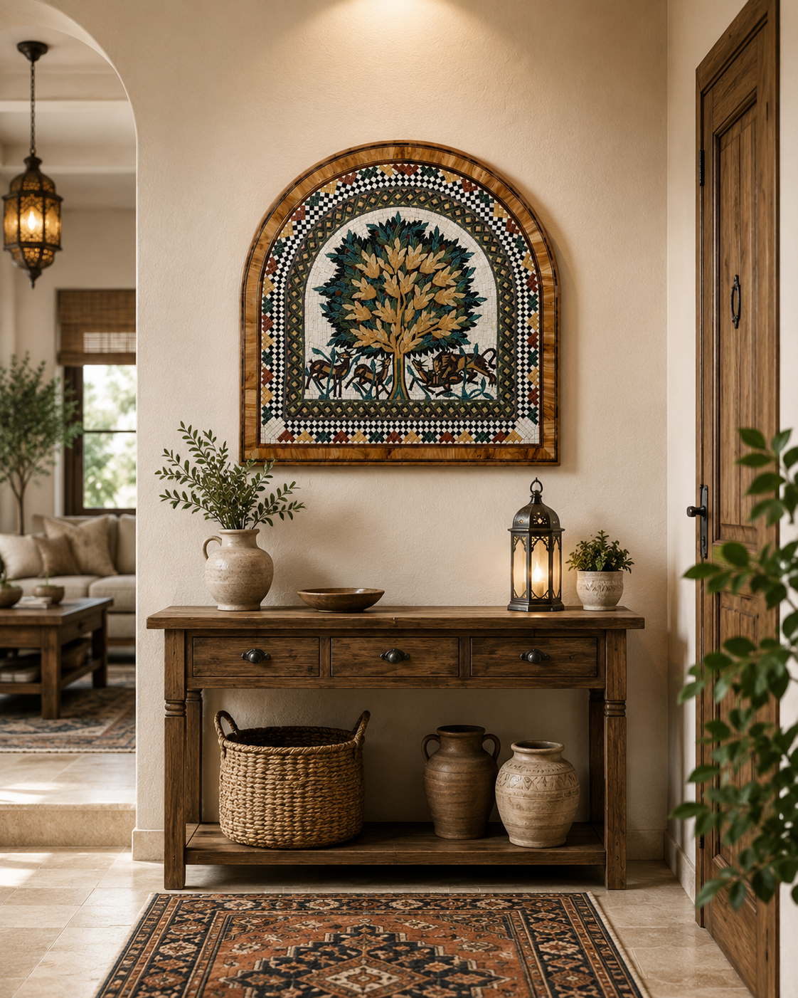 Olive Tree Mosaic Wall Art with Genuine Olive Bark Veneer Frame