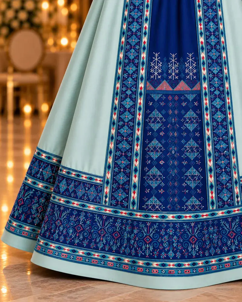 Detail of a Modern Palestinian Dress featuring intricate blue and teal embroidery design on the skirt.