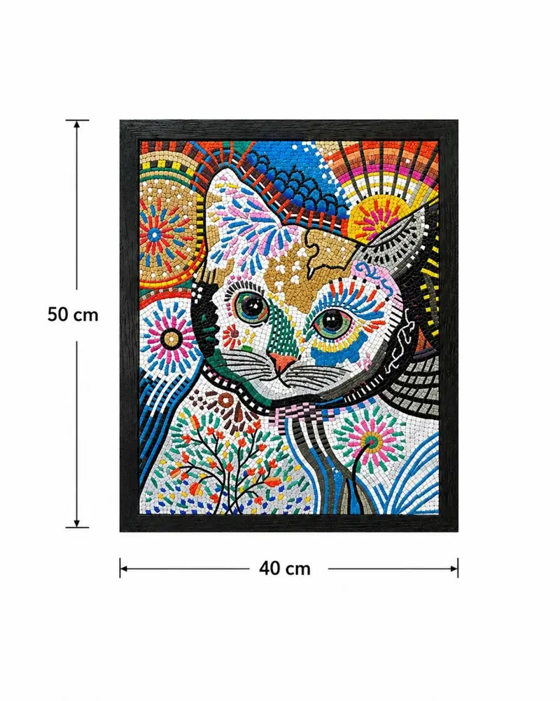 Whimsical Mosaic Cat handmade mosaic artwork close-up mesurements 
