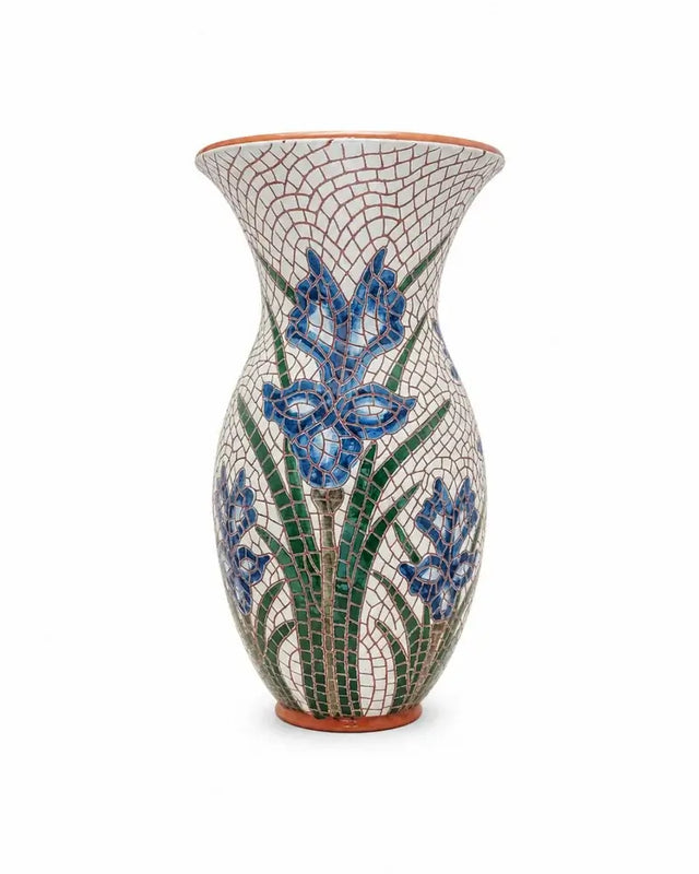 Blue iris mosaic clay vase front view