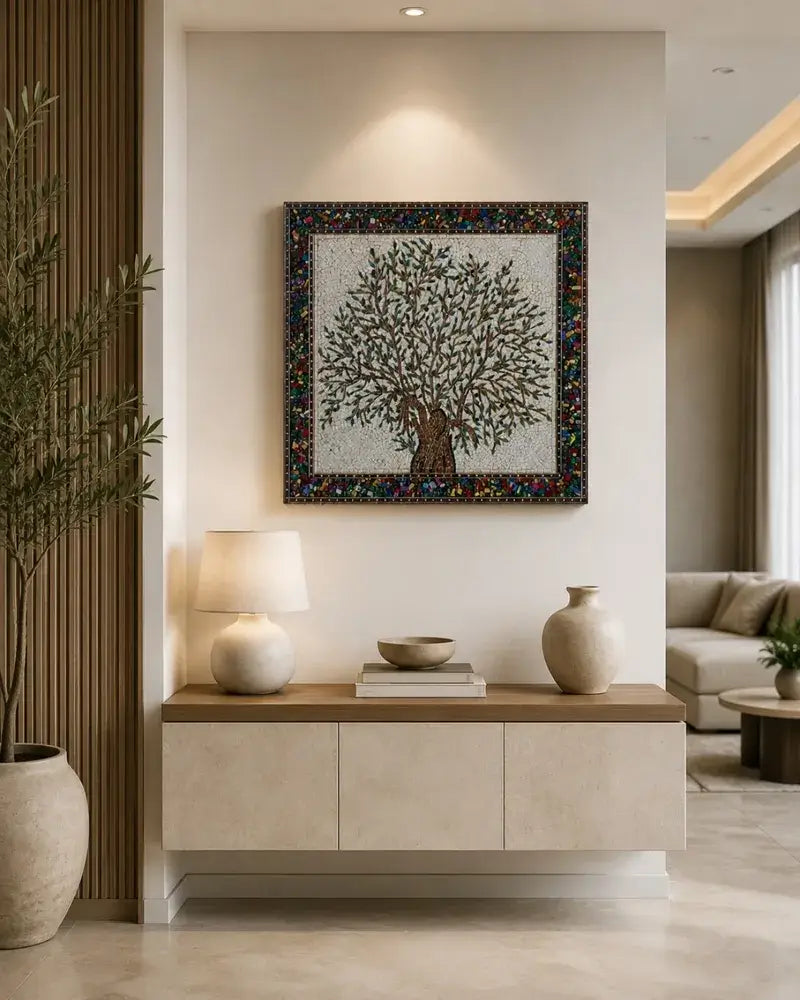 Handmade Micro Mosaic Olive Tree Wall Art – Fine Natural Stone Decor