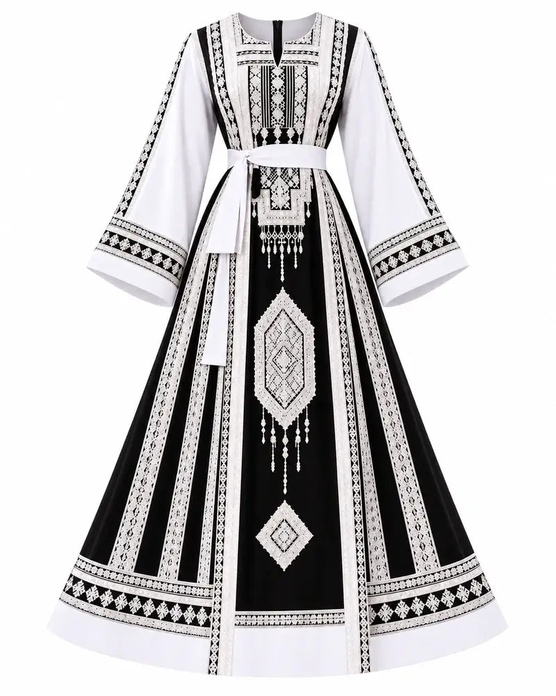 Elegant Embroidered Dress featuring traditional Jordanian embroidery on a black and white gown.