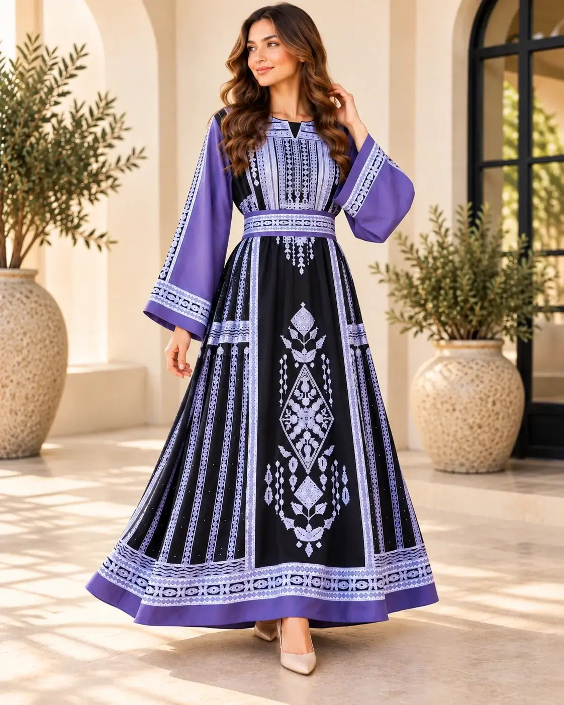 Elegant Embroidered Dress featuring traditional Jordanian-inspired embroidery and a modern silhouette in black and purple.