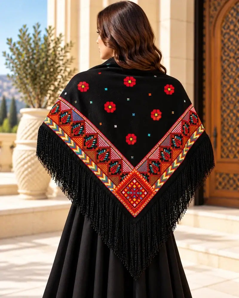 Traditional embroidered shawl for women featuring colorful Tatreez fringe and vibrant designs in black crepe georgette.