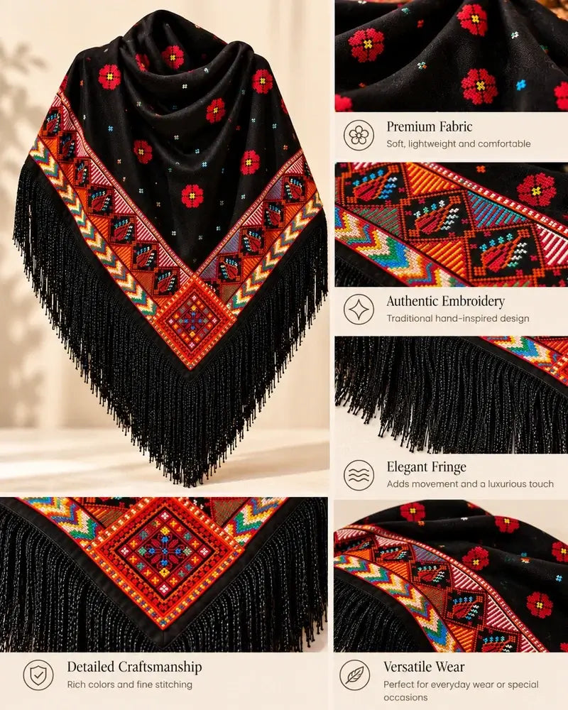 Traditional embroidered shawl for women featuring colorful tatreez fringe and detailed craftsmanship in black crepe georgette.
