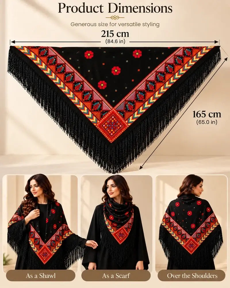 Traditional embroidered shawl for women with colorful tatreez fringe, showing dimensions and styling options.