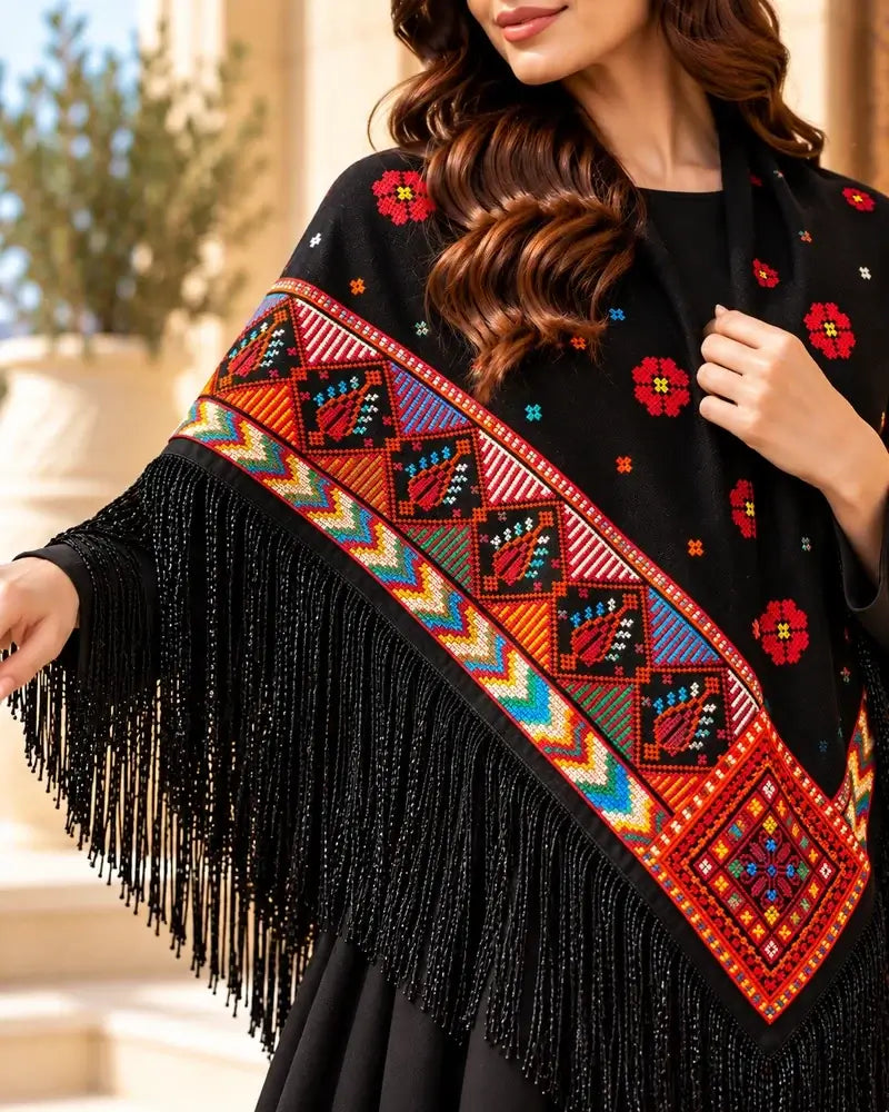 Traditional embroidered shawl for women with colorful Tatreez fringe and black crepe georgette fabric.