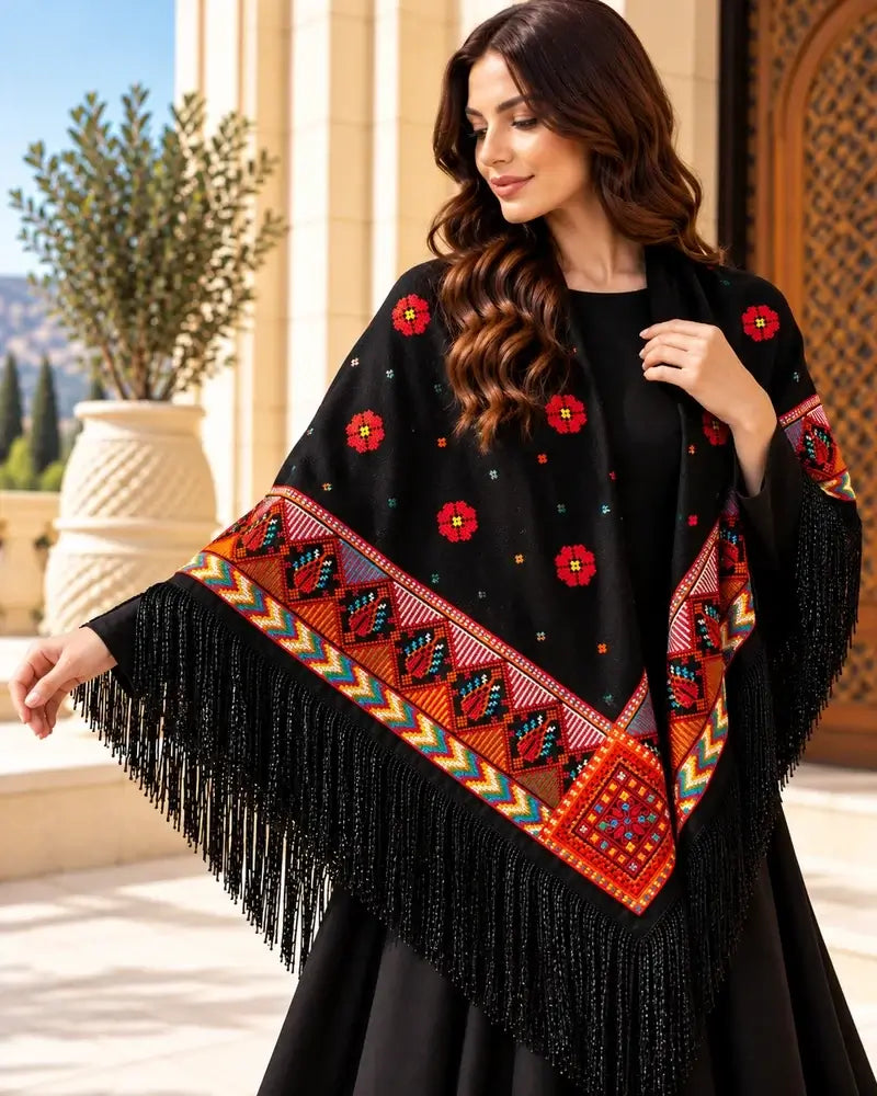 Traditional embroidered shawl for women with colorful Tatreez fringe, showcasing vibrant patterns on black crepe georgette.