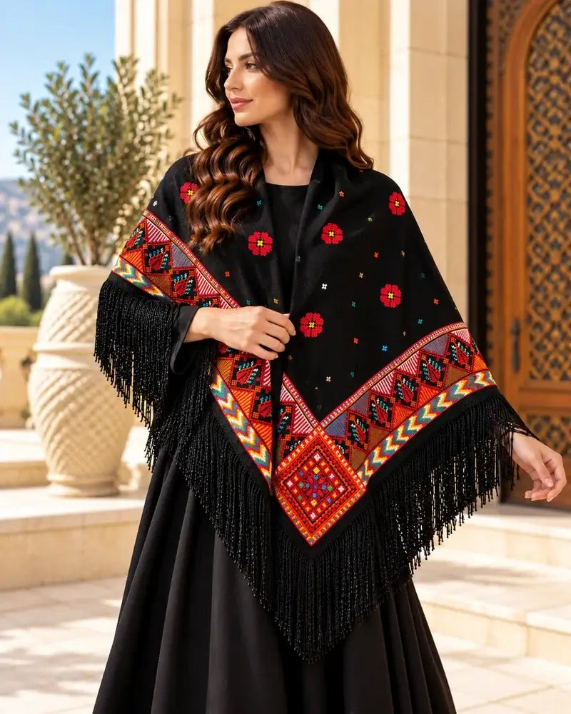 Traditional embroidered shawl for women featuring colorful Tatreez fringe and black crepe georgette fabric.