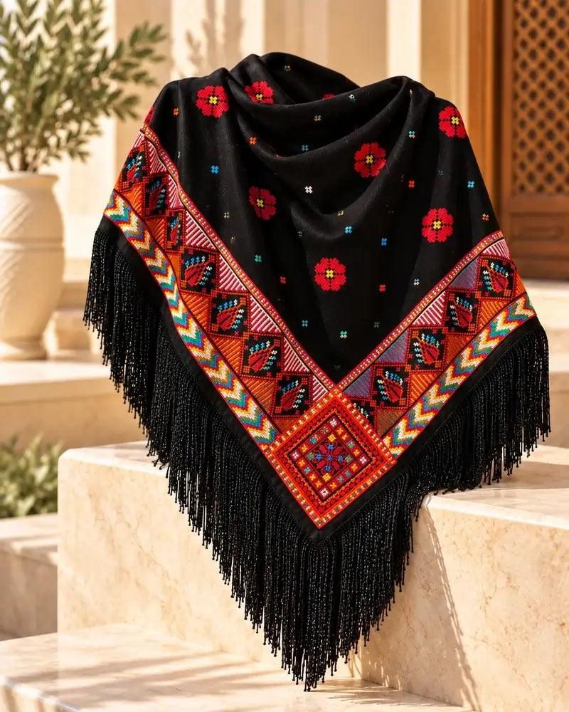 Traditional embroidered shawl for women with colorful Tatreez fringe on elegant black crepe georgette.