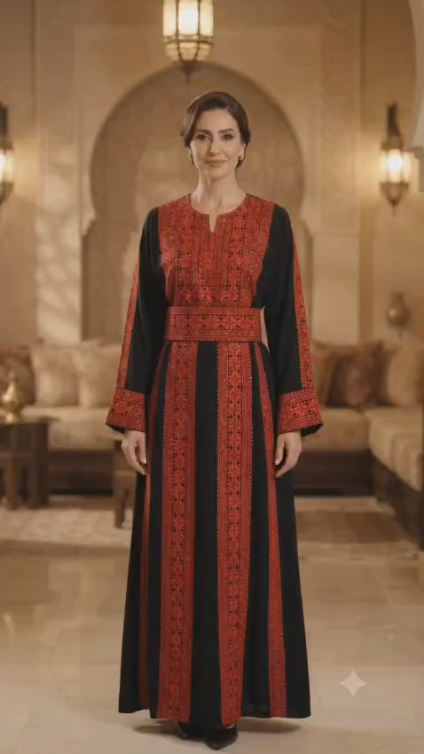 Traditional Palestinian Thobe with Red Embroidery Dress