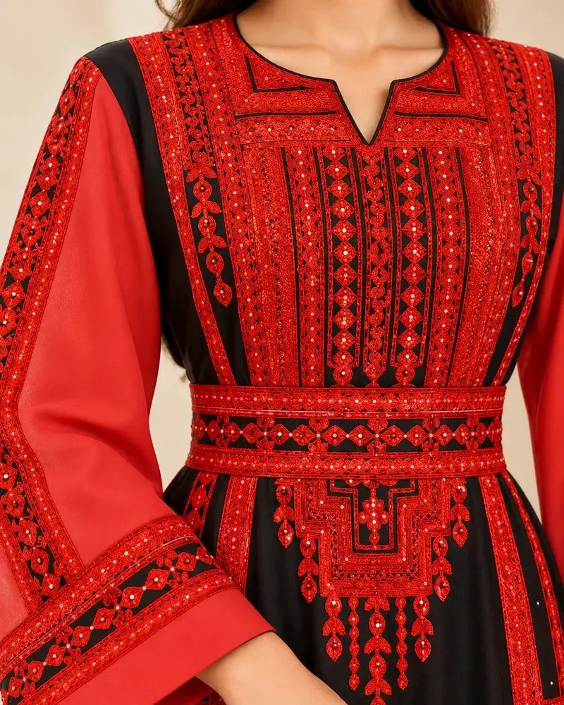 Elegant Embroidered Dress featuring red and black traditional Jordanian-inspired embroidery.