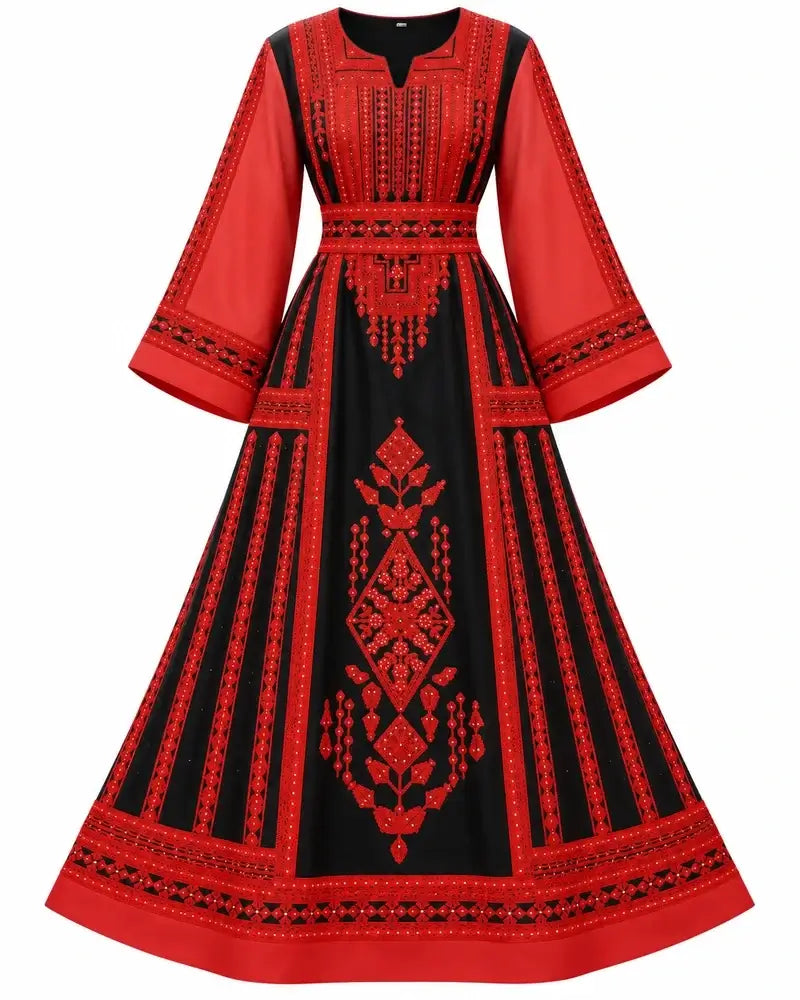 Elegant Embroidered Dress showcased in black and red with traditional Jordanian embroidery.