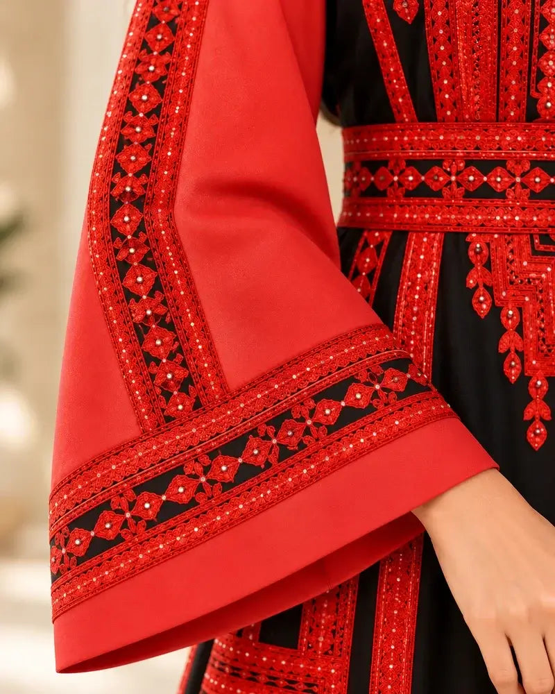 Elegant Embroidered Dress featuring intricate red and black embroidery on sleeves