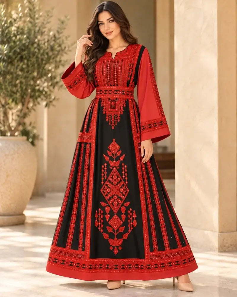 Elegant Embroidered Dress showcasing traditional Jordanian-inspired embroidery and a modern silhouette.