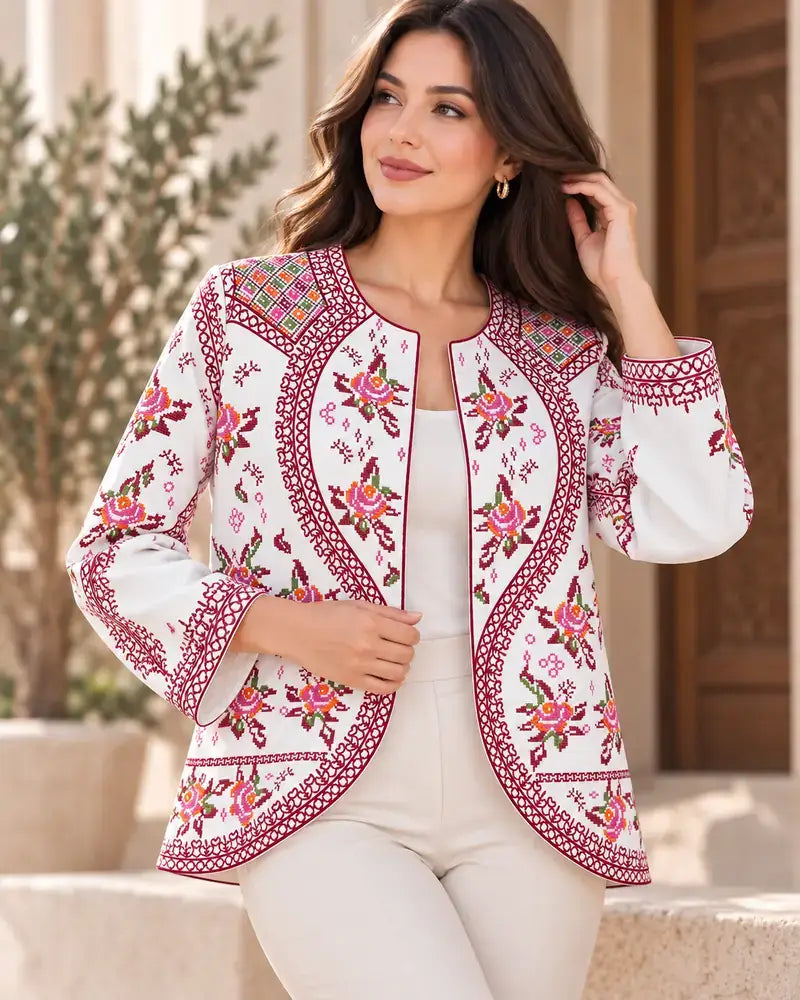 Embroidered Crepe Jacket for Women Traditional Heritage in pink with colorful heritage embroidery