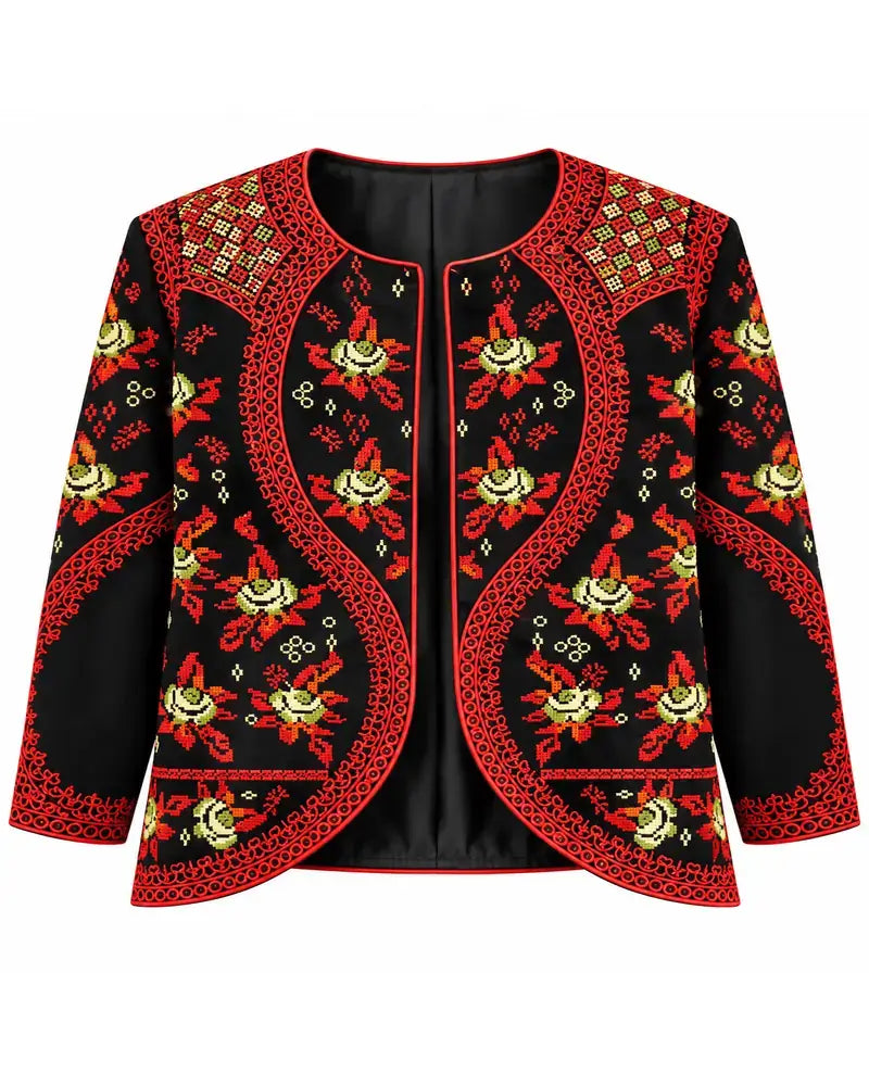 Embroidered Crepe Jacket for Women Traditional Heritage in red with detailed traditional floral embroidery