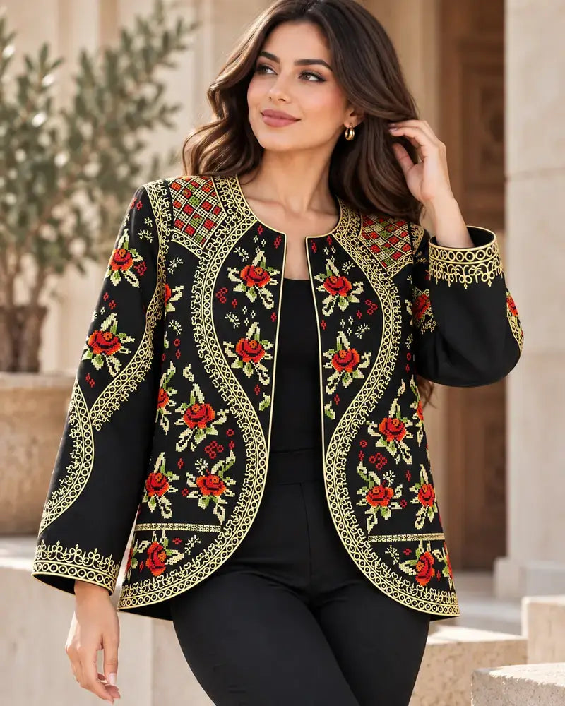 Embroidered Crepe Jacket for Women Traditional Heritage in black with intricate traditional embroidery