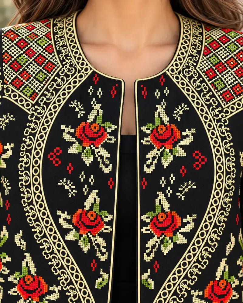 Embroidered Crepe Jacket for Women Traditional Heritage with detailed green and gold floral embroidery close-up