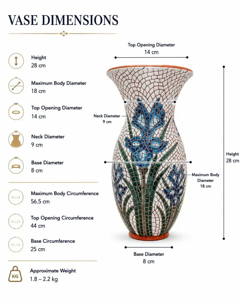 Blue iris mosaic clay vase handmade floral detail
