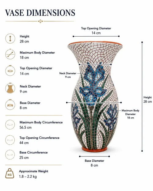 Blue iris mosaic clay vase handmade floral detail